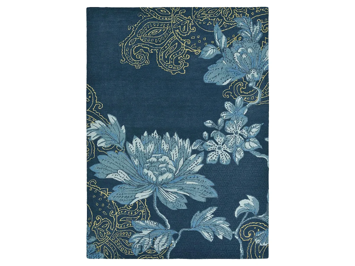 tapis salle à manger 250x350 fait à la main en laine bleu marine et bleu