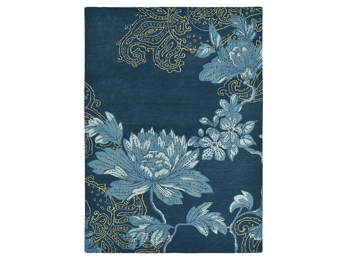 Tappeto da sala da pranzo 250x350 fatto a mano in lana blu navy e blu