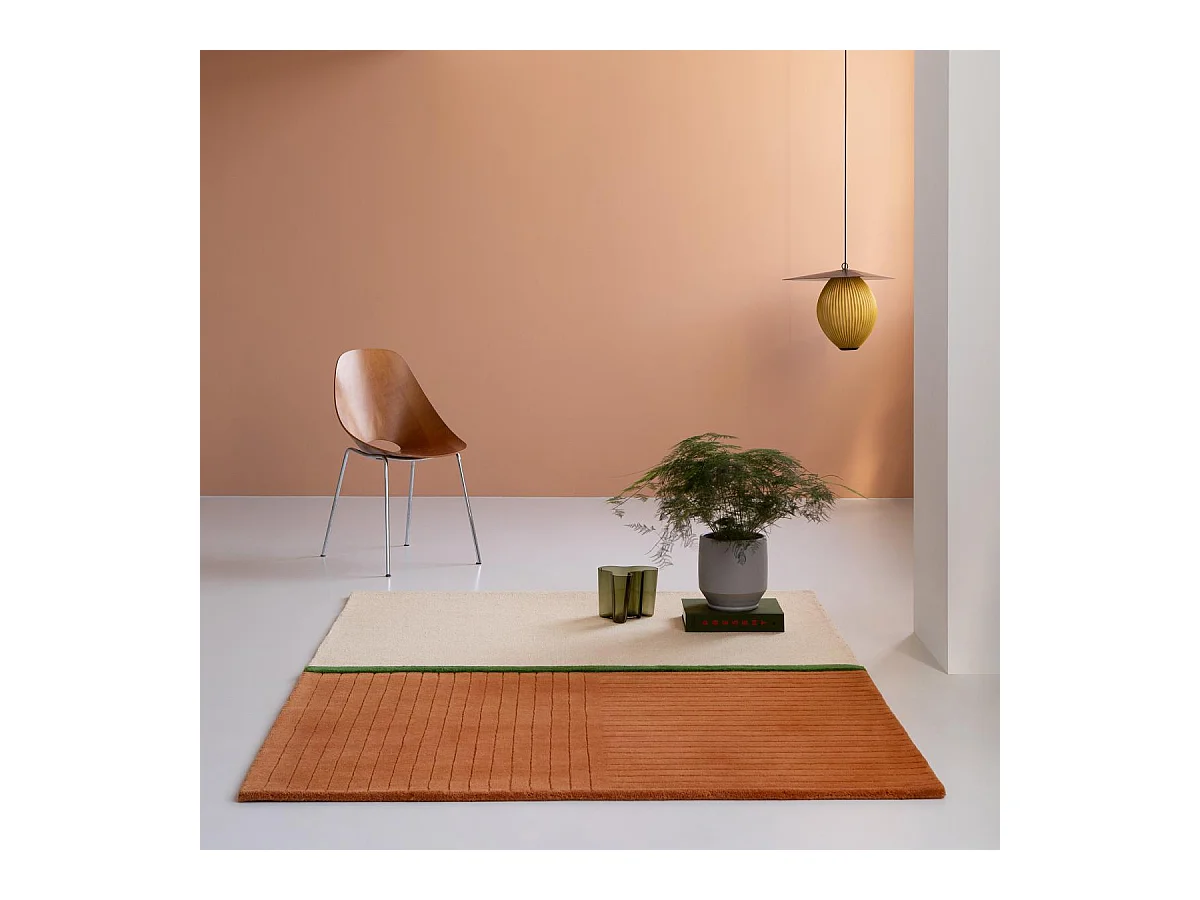tapis chambre 140x200 fait main en laine orange et vert rectangle motif simple