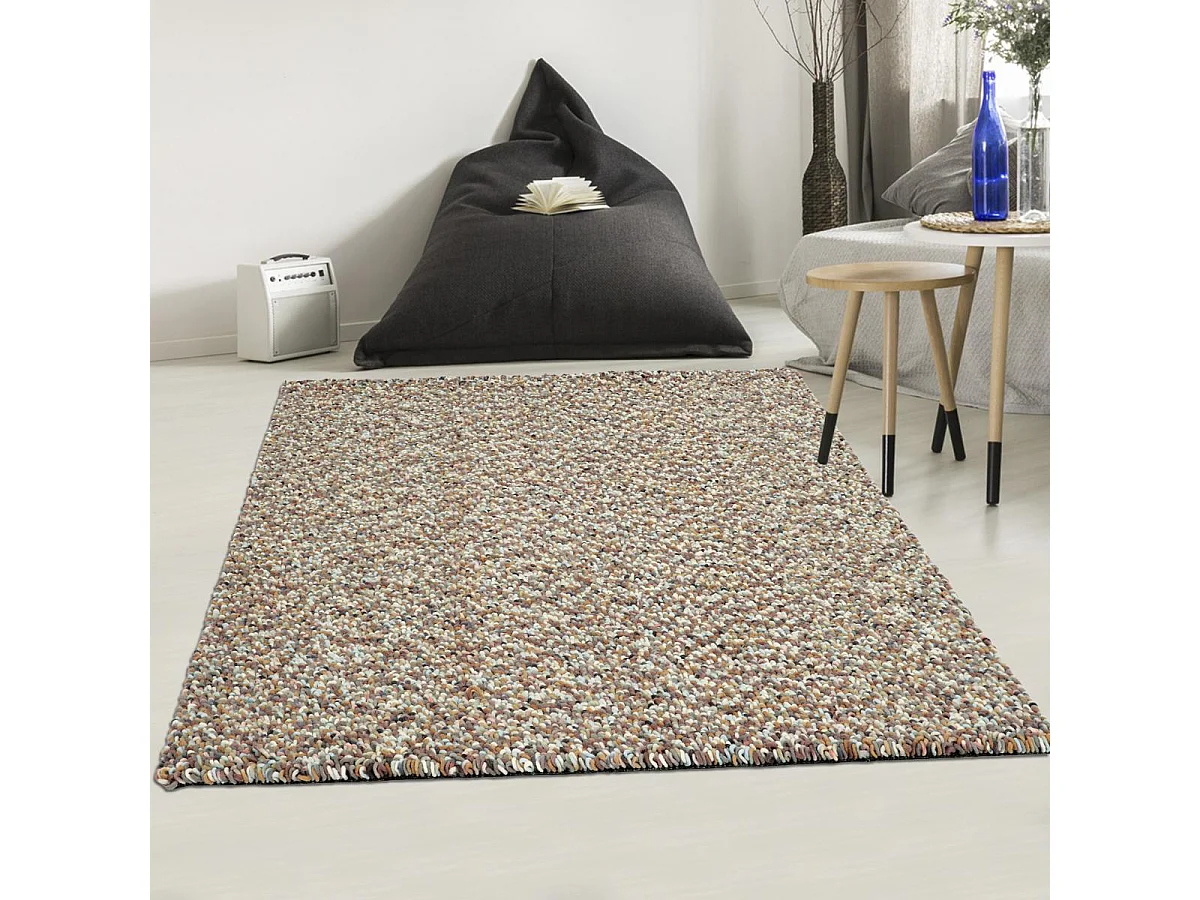 Tapis longs poils shaggy 170x240 rectangle tissé marron et bleu en laine