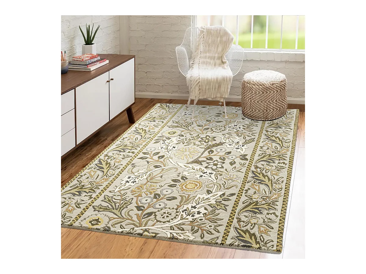 tapis entrée 140x200 fait à la main en laine beige et jaune moutarde