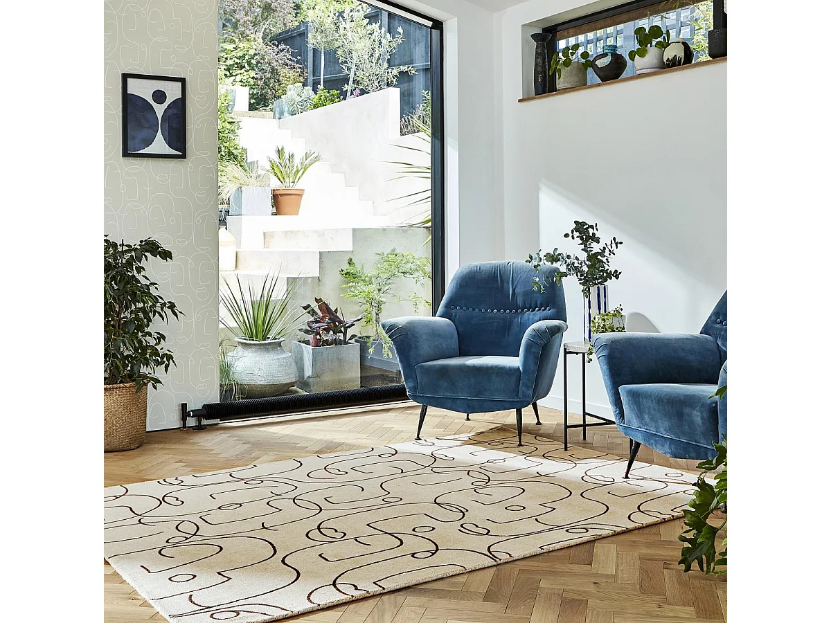 tapis chambre 200x280 fait à la main en laine beige rectangle motif abstrait