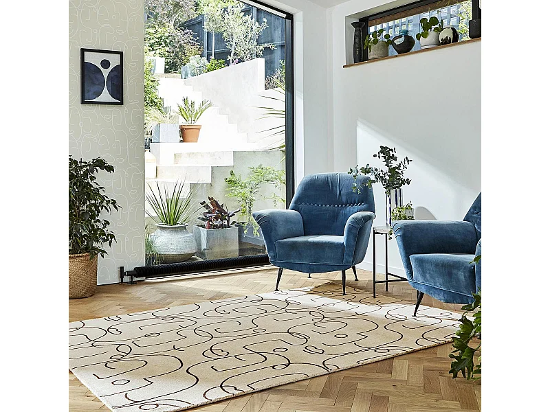 tapis chambre 200x280 fait à la main en laine beige rectangle motif abstrait