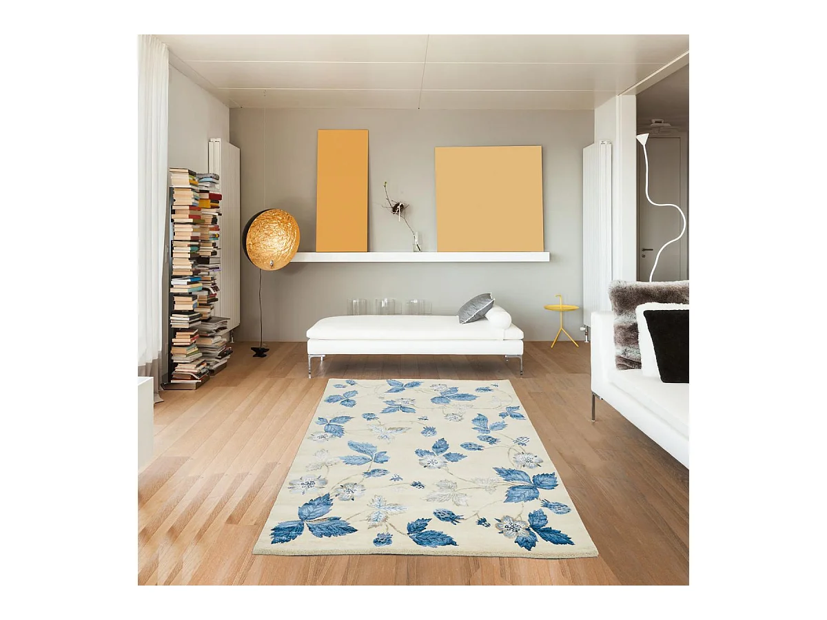 tapis salon 170x240 fait à la main en laine crème rectangle motif floral