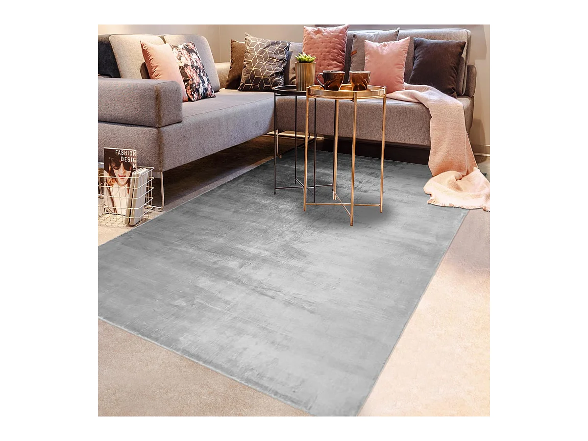tapis salon 200x300 fait main en viscose gris clair et gris foncé motif simple