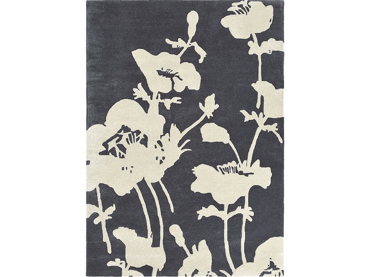 tapis chambre 170x240 fait à la main en laine gris et blanc motif floral
