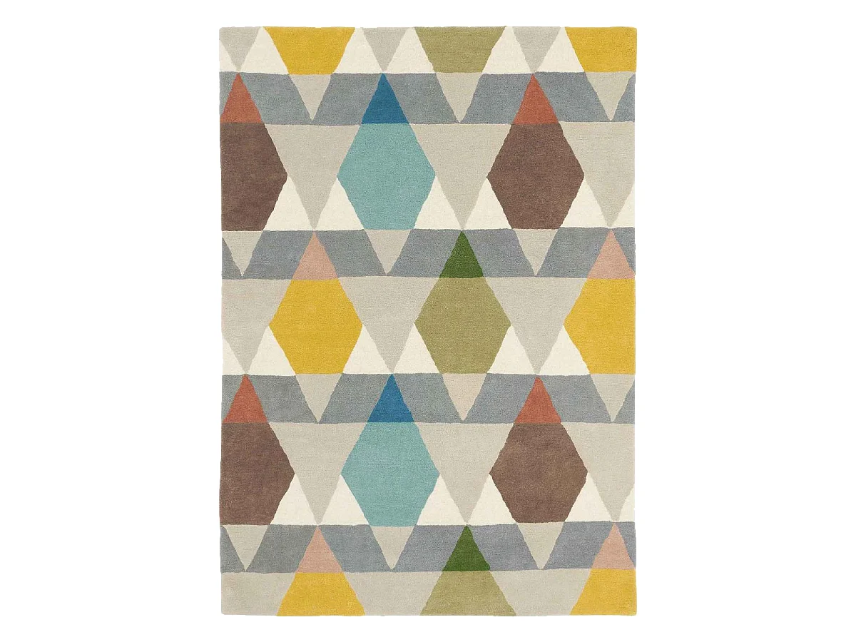 tapis salon 200x280 tissé en laine gris et jaune rectangle motif géométrique