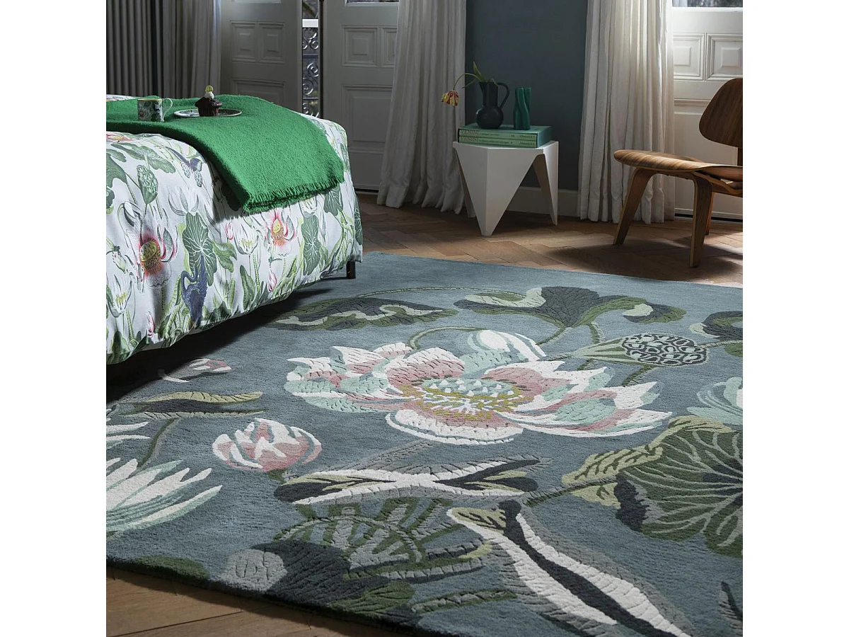 tappeto da ingresso 120x180 realizzato a mano in lana verde e beige fantasia floreale