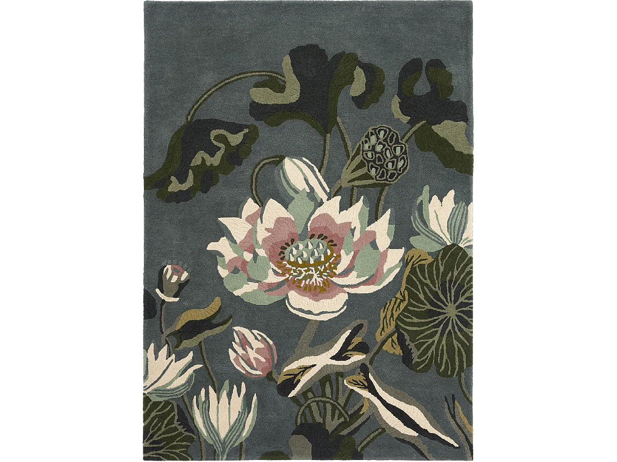 tapis entrée 120x180 fait à la main en laine vert et beige motif floral