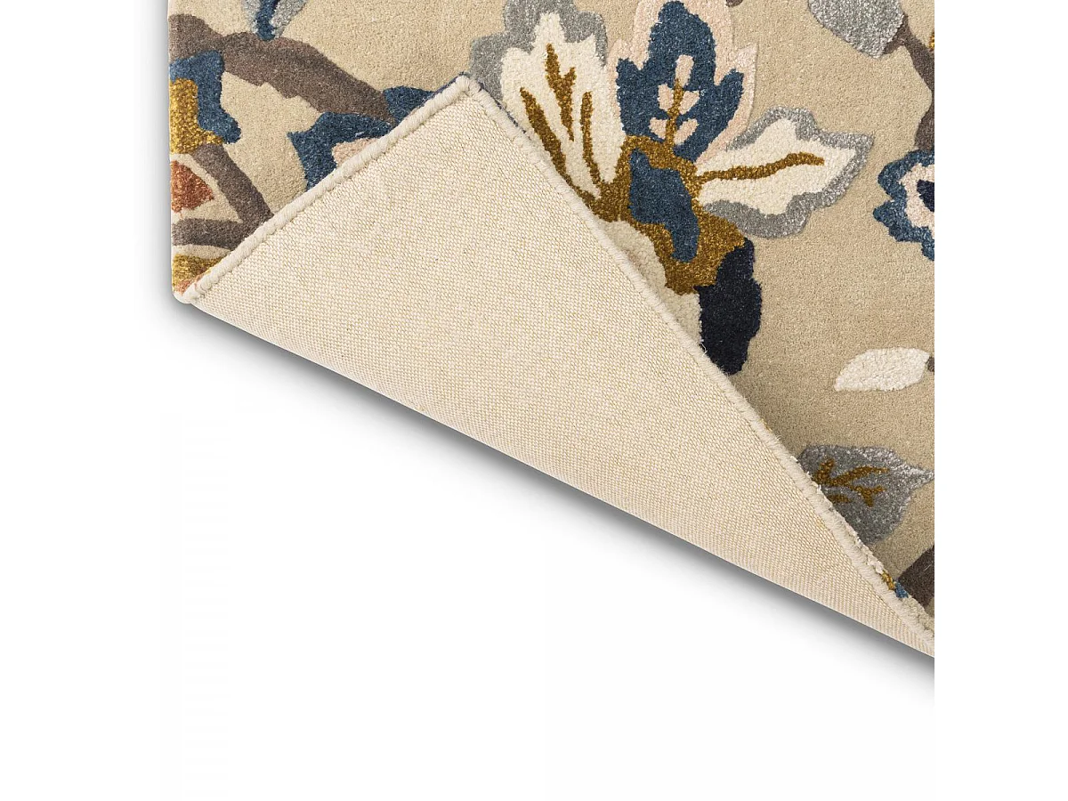 tapis bibliothèque 250x350 fait à la main en laine beige et bleu motif floral