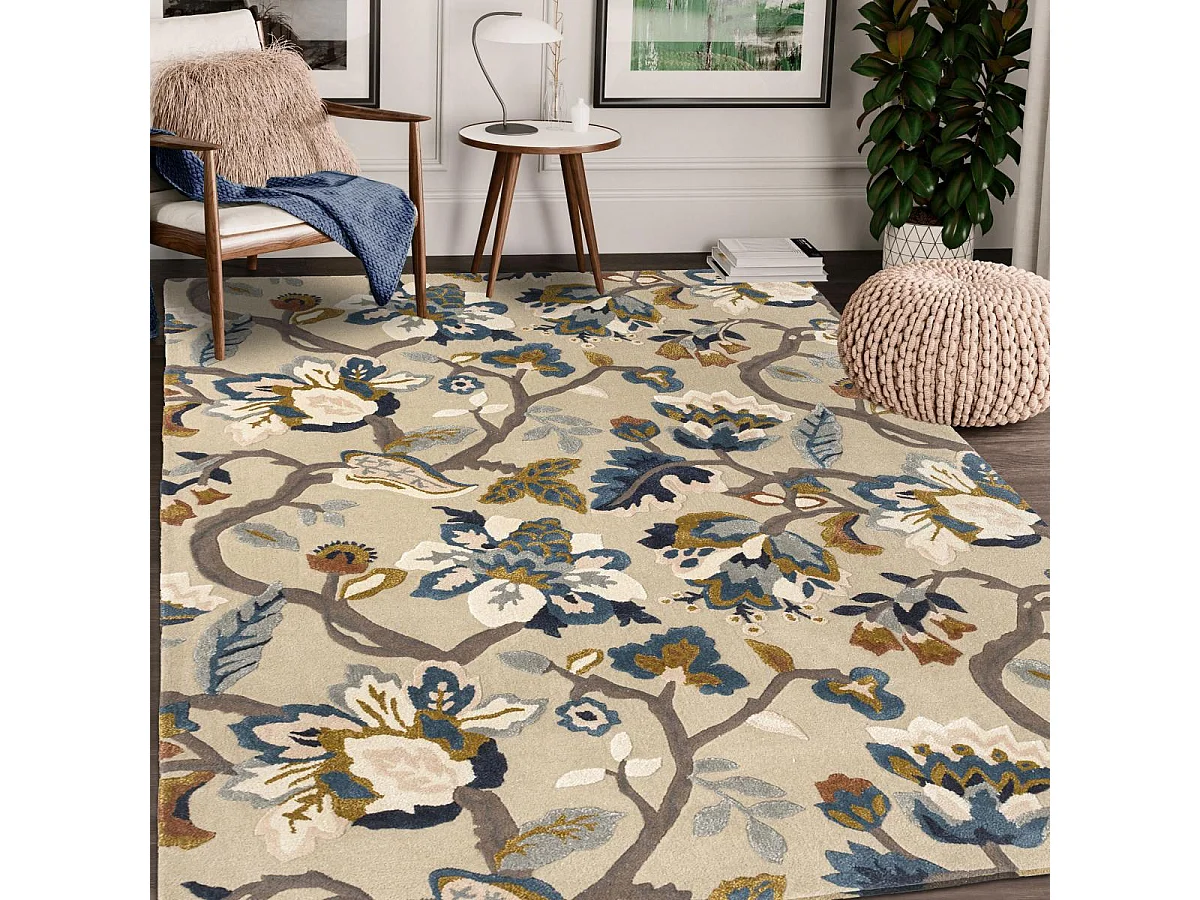 tapis bibliothèque 250x350 fait à la main en laine beige et bleu motif floral