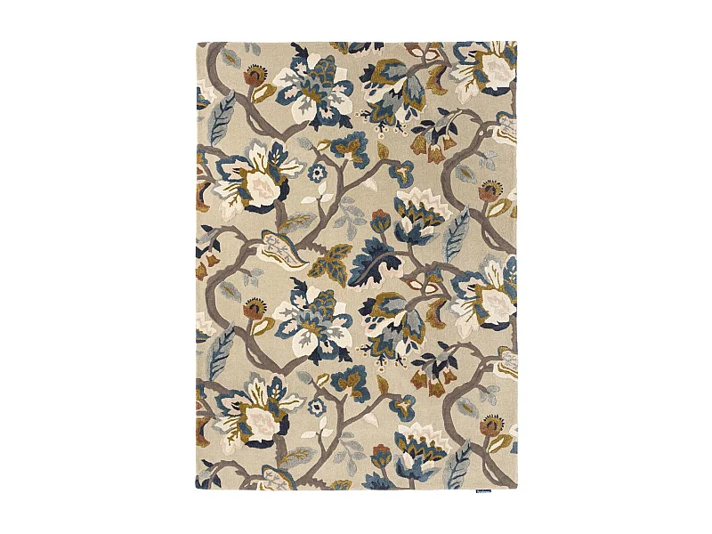 tapis bibliothèque 250x350 fait à la main en laine beige et bleu motif floral