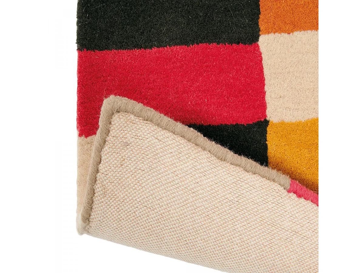 tapis salon 200x280 tissé en laine rouge et jaune rectangle motif géométrique