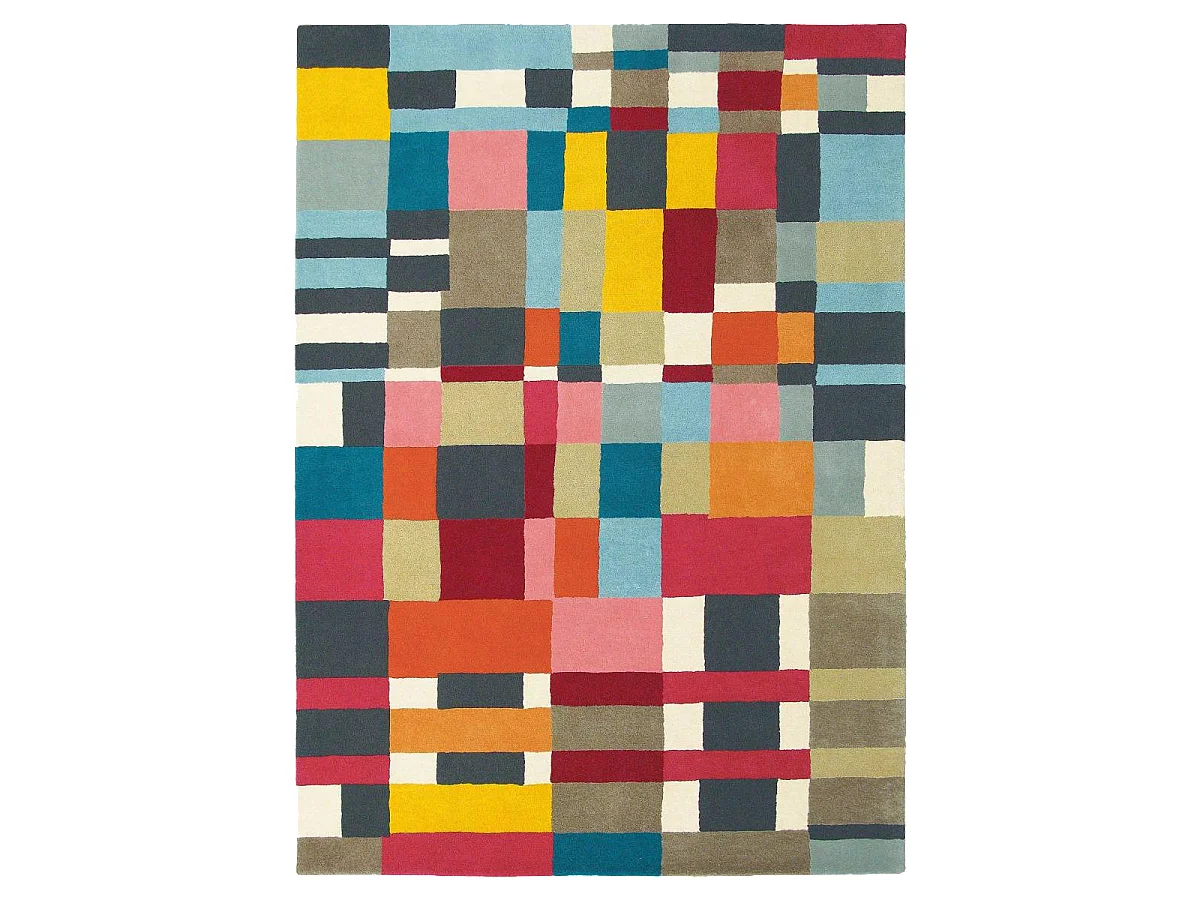 tapis salon 200x280 tissé en laine rouge et jaune rectangle motif géométrique