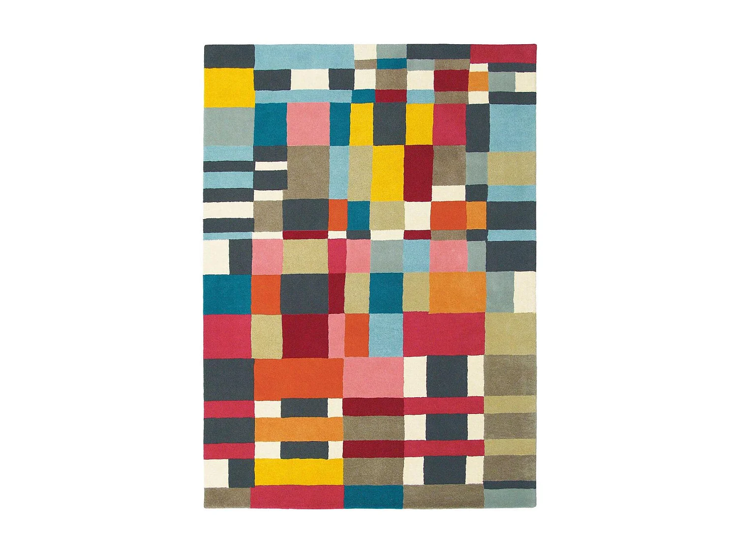 tapis salon 200x280 tissé en laine rouge et jaune rectangle motif géométrique