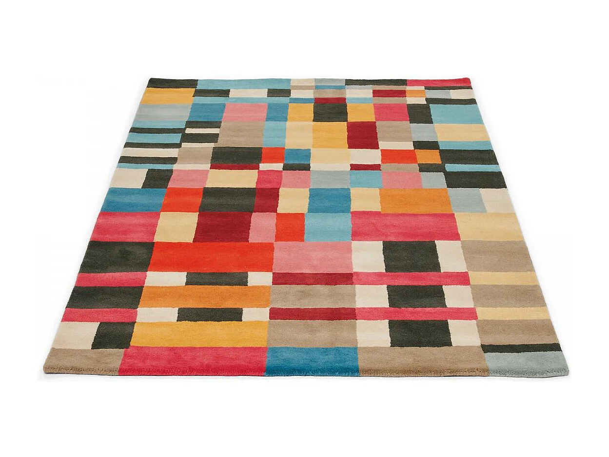 tapis salon 200x280 tissé en laine rouge et jaune rectangle motif géométrique