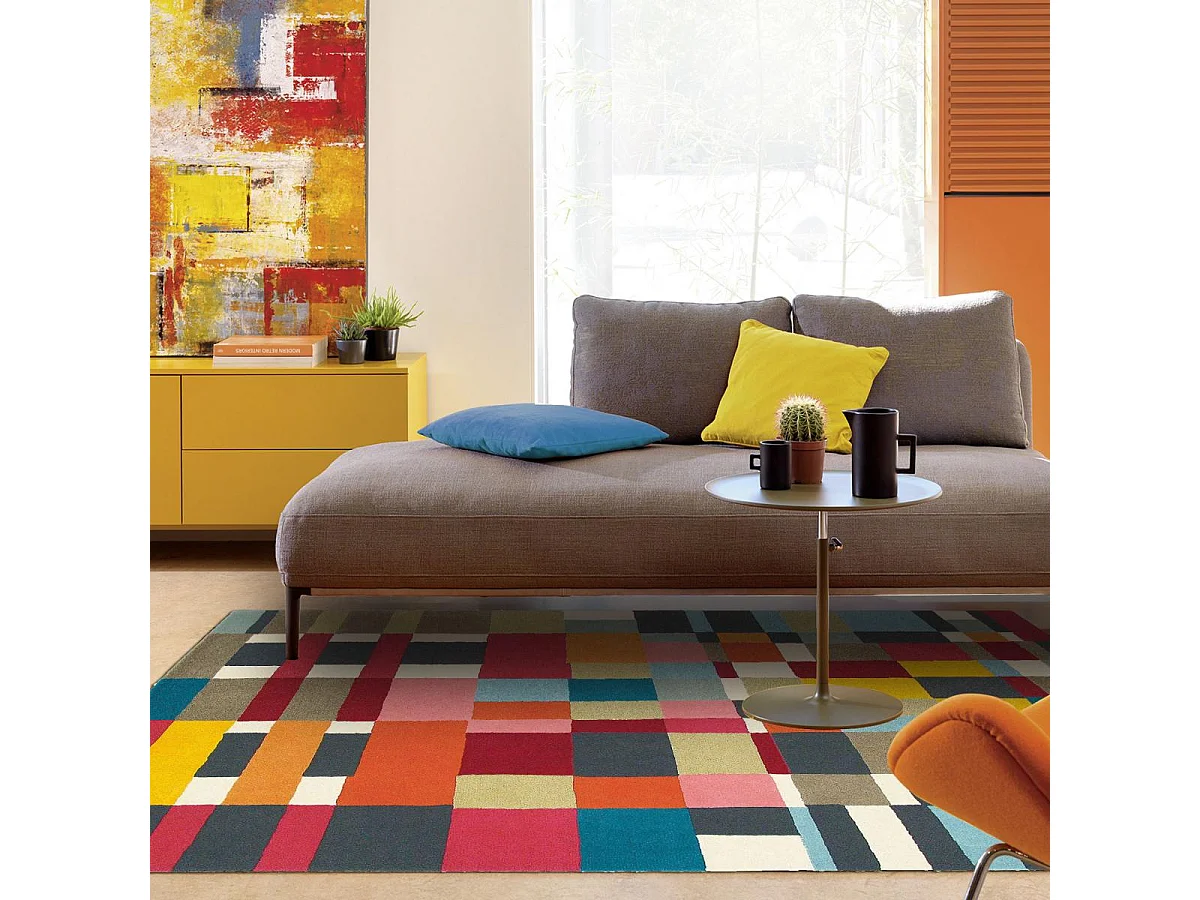 tapis salon 200x280 tissé en laine rouge et jaune rectangle motif géométrique