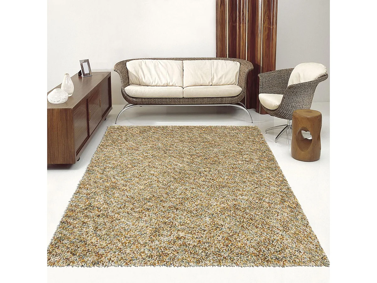 Tapis longs poils shaggy 140x200 rectangle tissé jaune et beige en laine