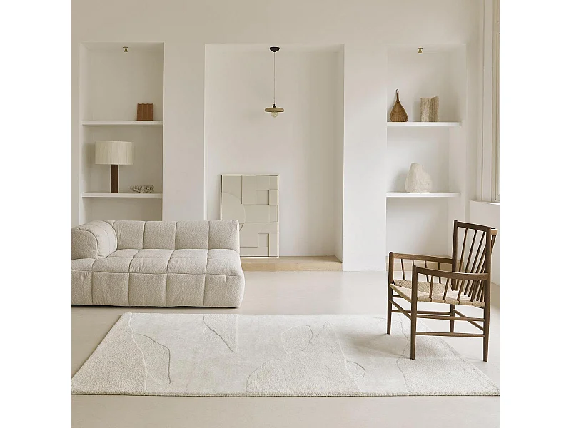 tapis grand salon 250x350 fait à la main en laine crème rectangle motif faux uni