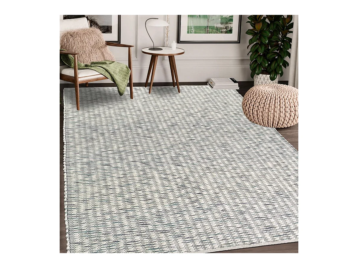 Tapis kilim 160x230 rectangle fait main en laine crème et vert motif faux uni