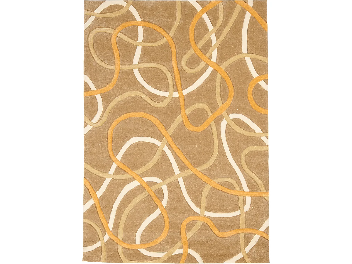 tapis salon 140x200 fait main en acrylique beige et orange rectangle motif rond