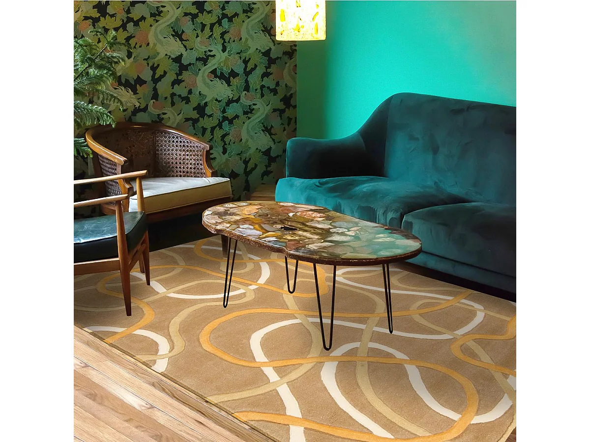 tappeto da soggiorno 140x200 realizzato a mano in acrilico beige e arancione modello rotondo rettangolo