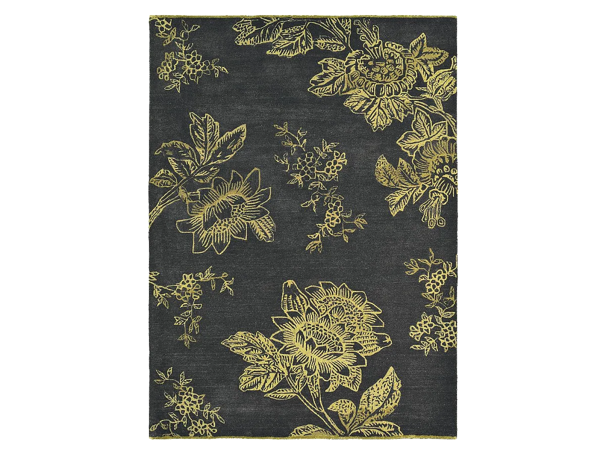tapis chambre 120x180 fait à la main en laine noir et or rectangle motif floral