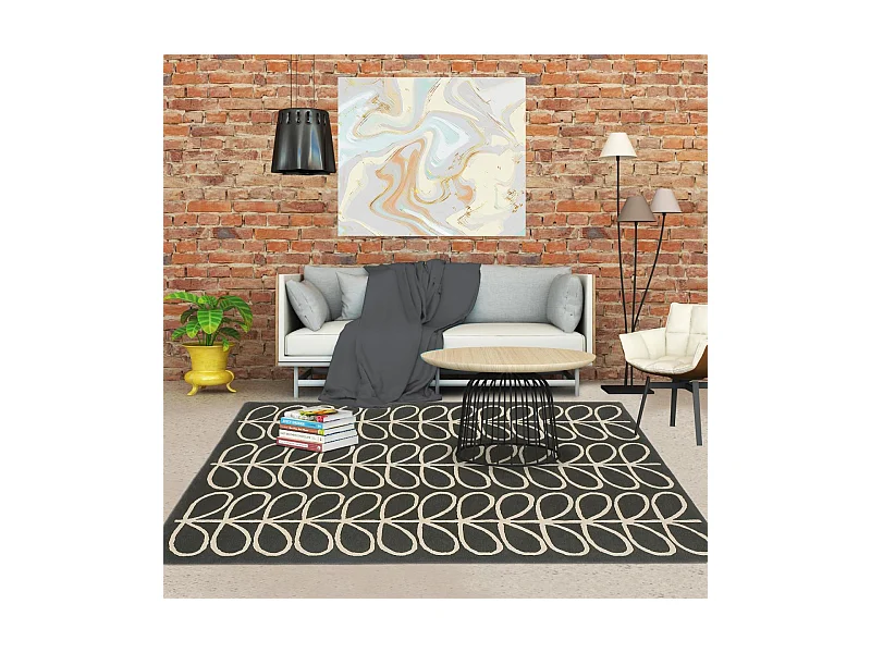 tapis salle à manger 250x350 fait à la main en laine noir et crème motif seventies