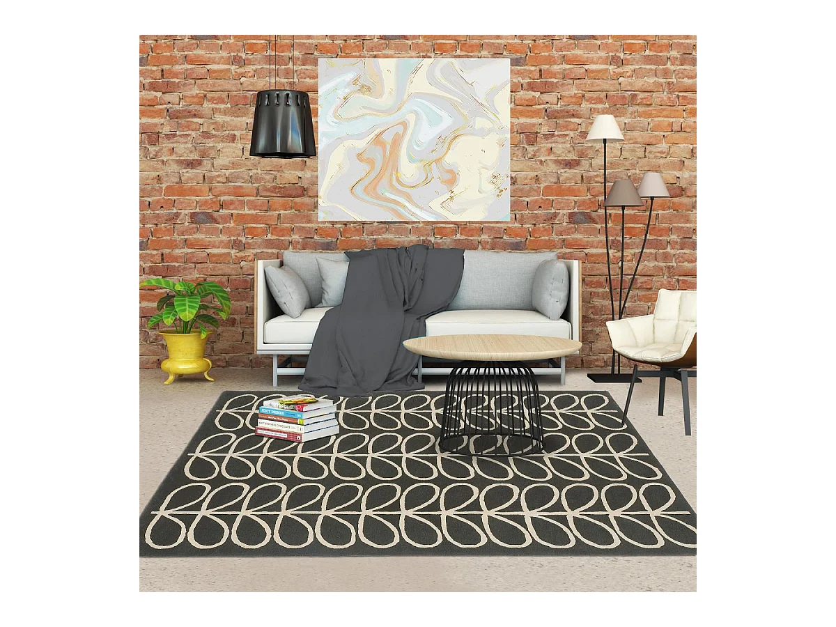 tapis salle à manger 250x350 fait à la main en laine noir et crème motif seventies
