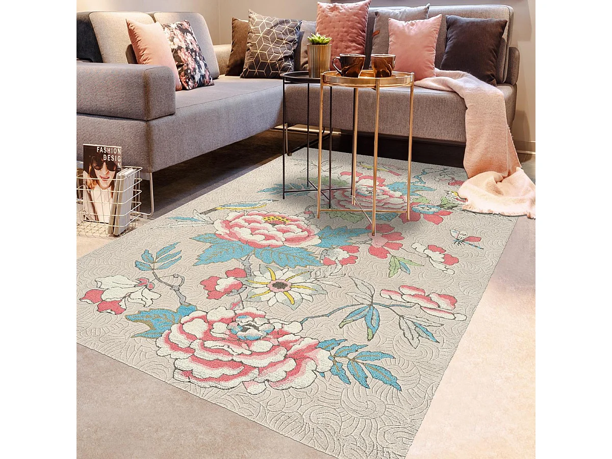 tapis salle à manger 250x350 fait à la main en laine beige et corail