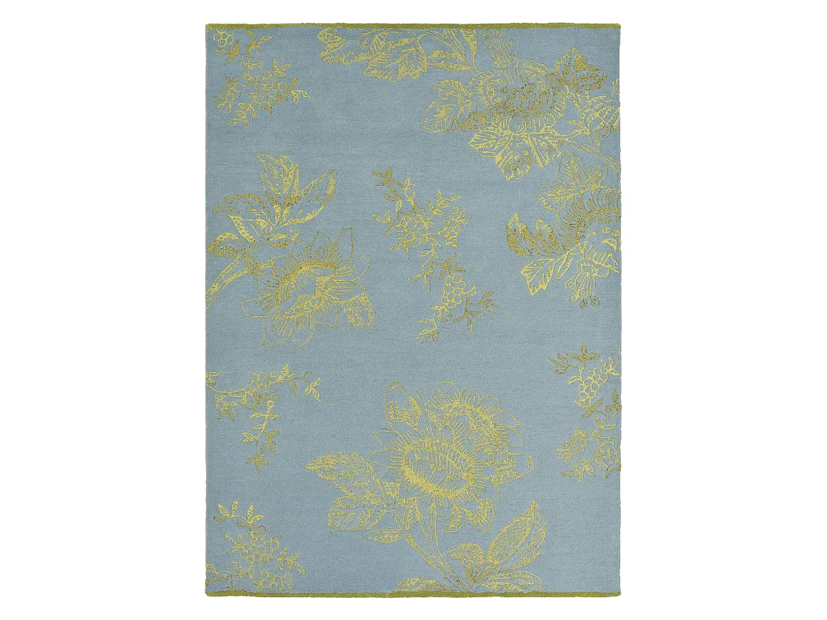 tapis salon 200x280 fait à la main en laine bleu et or rectangle motif floral