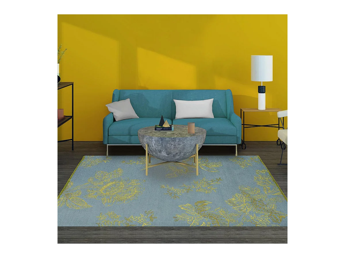 tapis salon 200x280 fait à la main en laine bleu et or rectangle motif floral