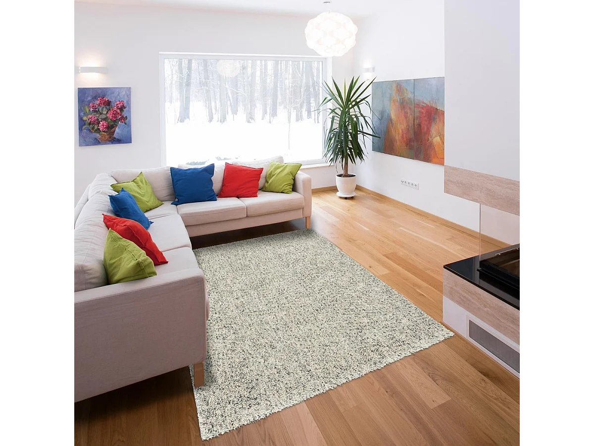 Tapis longs poils shaggy 200x280 rectangle tissé beige et bleu en laine