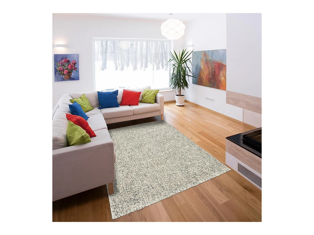 Tapis longs poils shaggy 200x280 rectangle tissé beige et bleu en laine