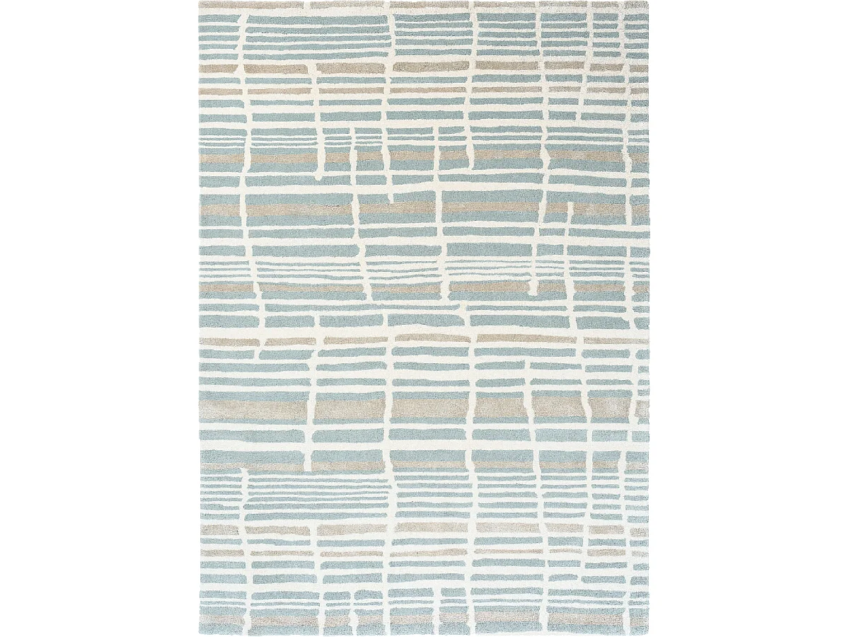 tapis chambre 170x240 fait à la main en laine bleu et gris motif abstrait