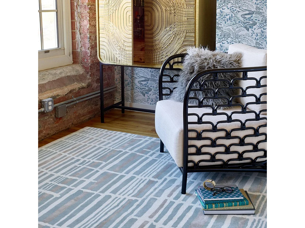 tapis chambre 170x240 fait à la main en laine bleu et gris motif abstrait