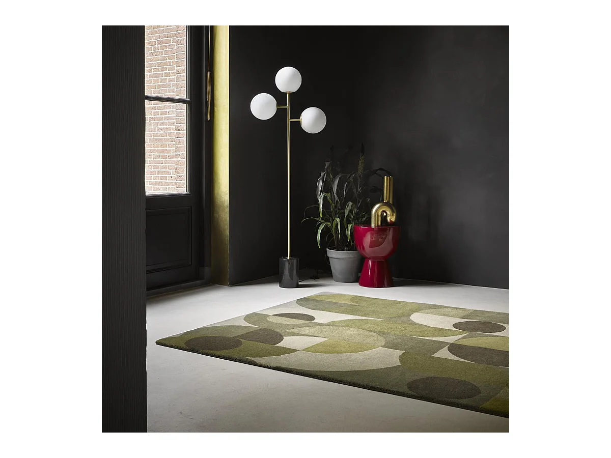 tapis chambre 160x230 fait à la main en laine vert et beige motif seventies