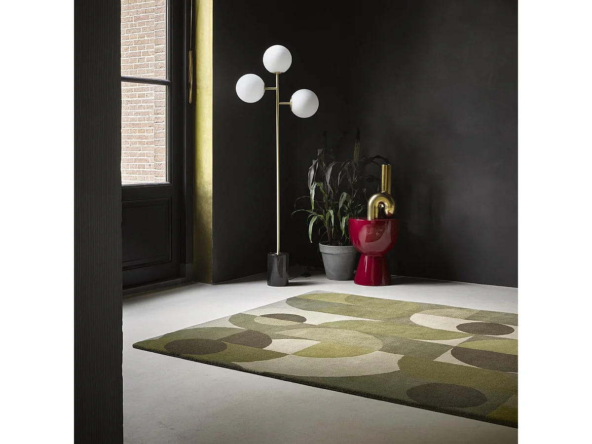 tapis chambre 160x230 fait à la main en laine vert et beige motif seventies