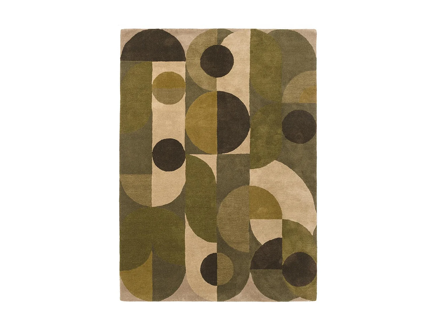 tapis chambre 160x230 fait à la main en laine vert et beige motif seventies