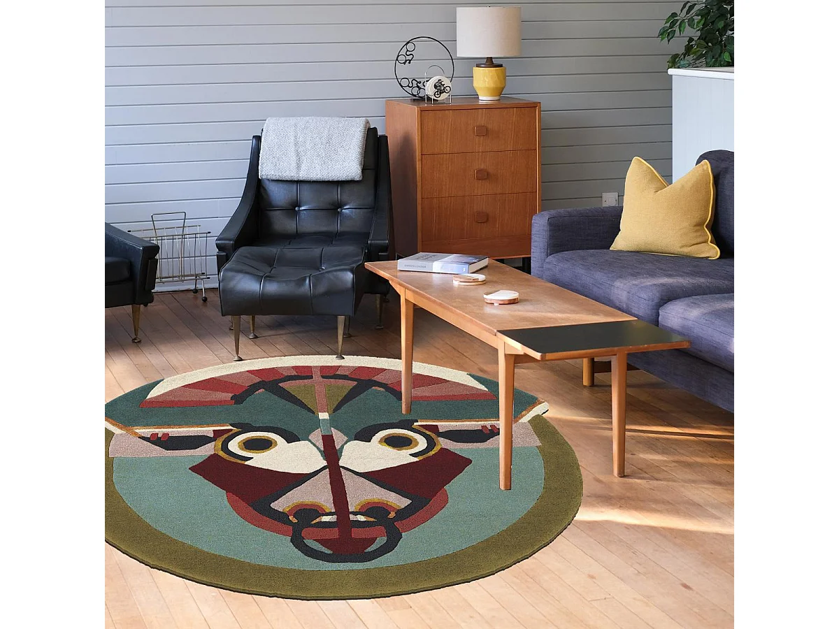 tapis open space 200x200 fait à la main en laine multicolore motif fresque