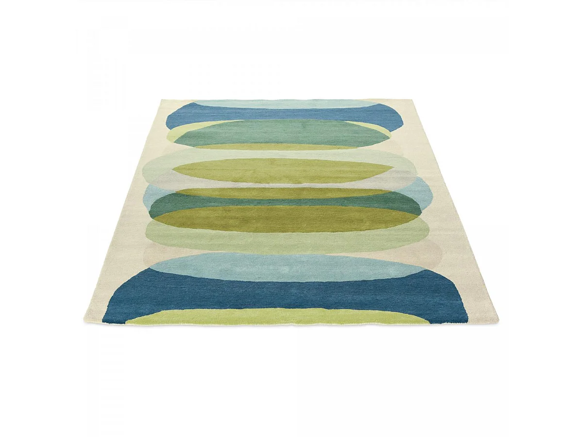 tapis chambre 170x240 fait à la main en laine vert et bleu motif géométrique