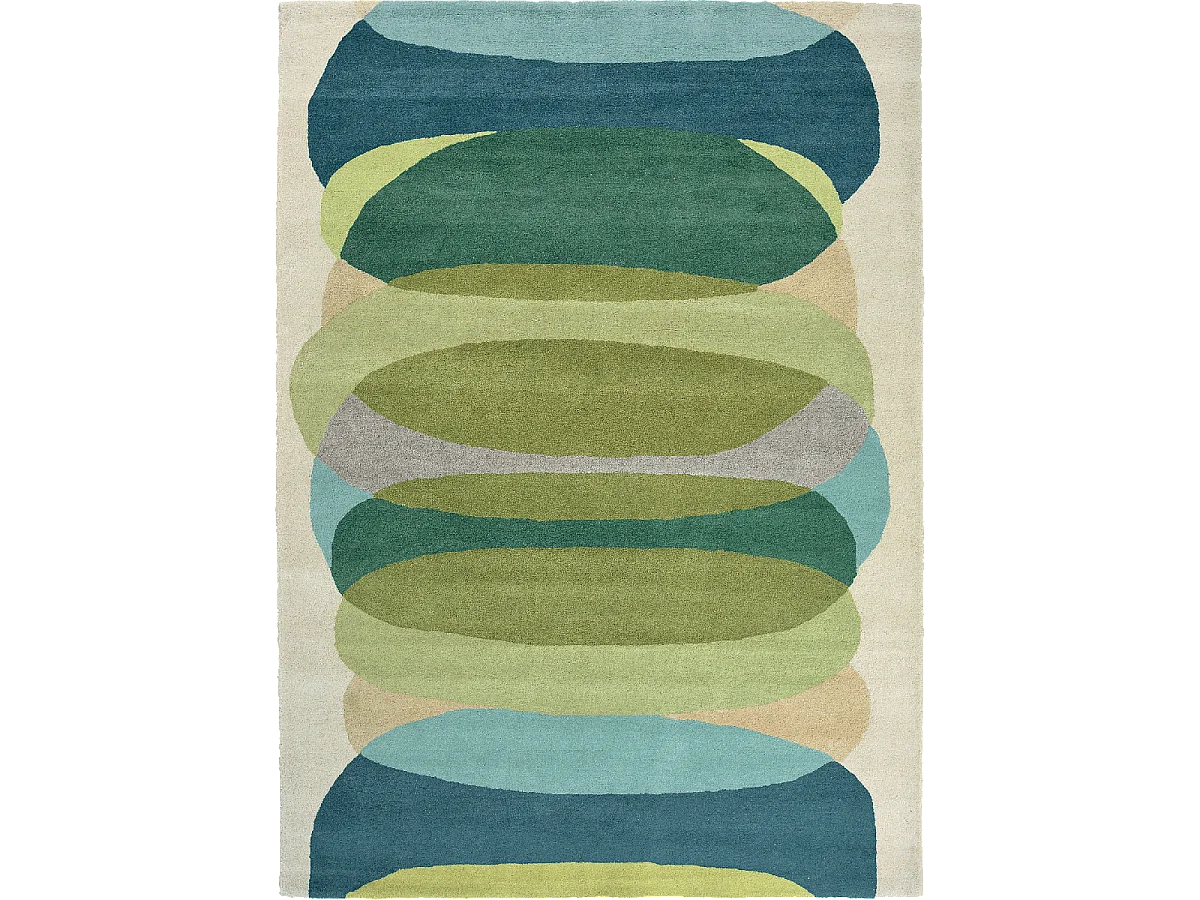 tapis chambre 170x240 fait à la main en laine vert et bleu motif géométrique