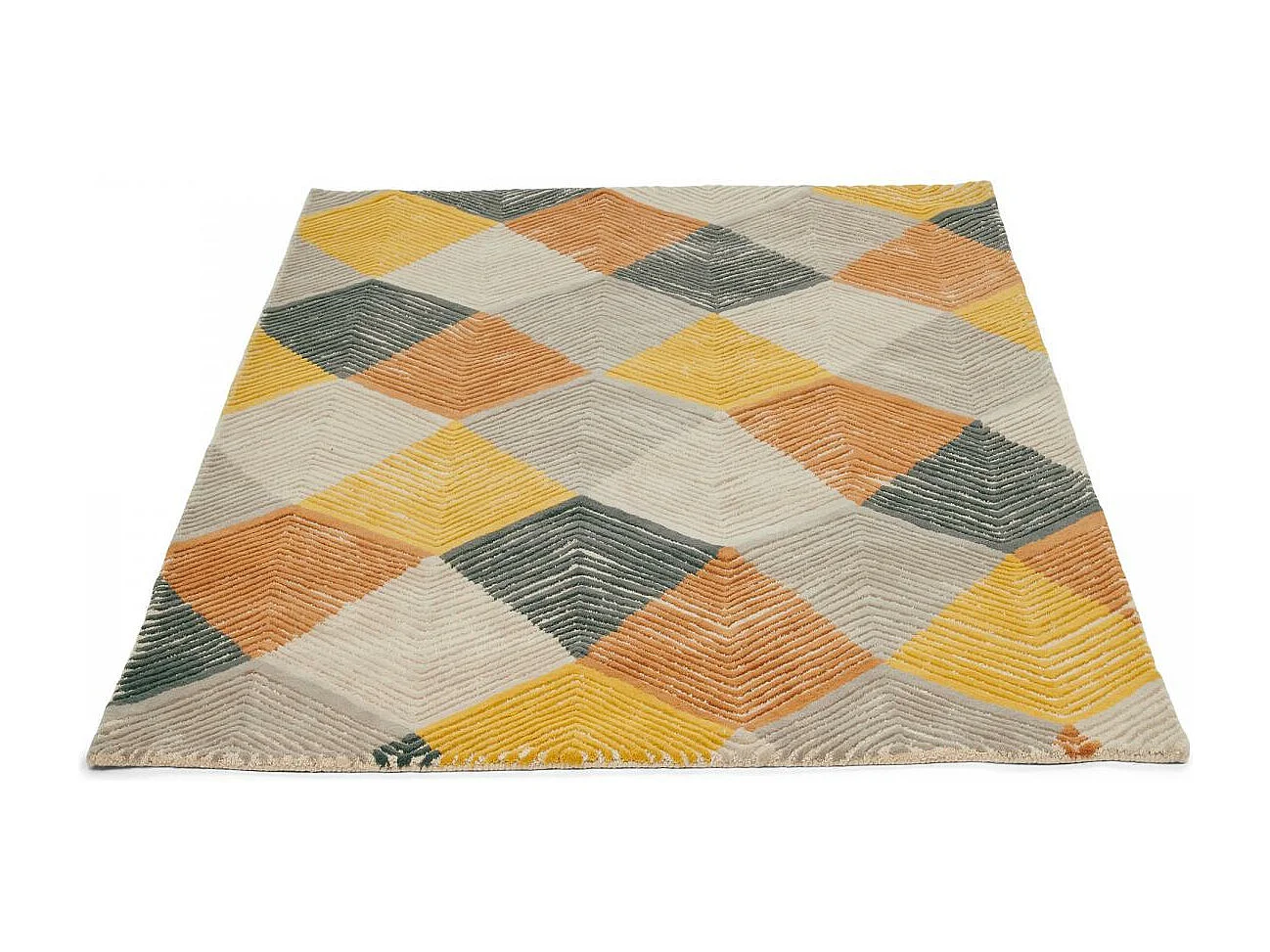 tapis salon 200x280 fait à la main en laine jaune et gris motif géométrique