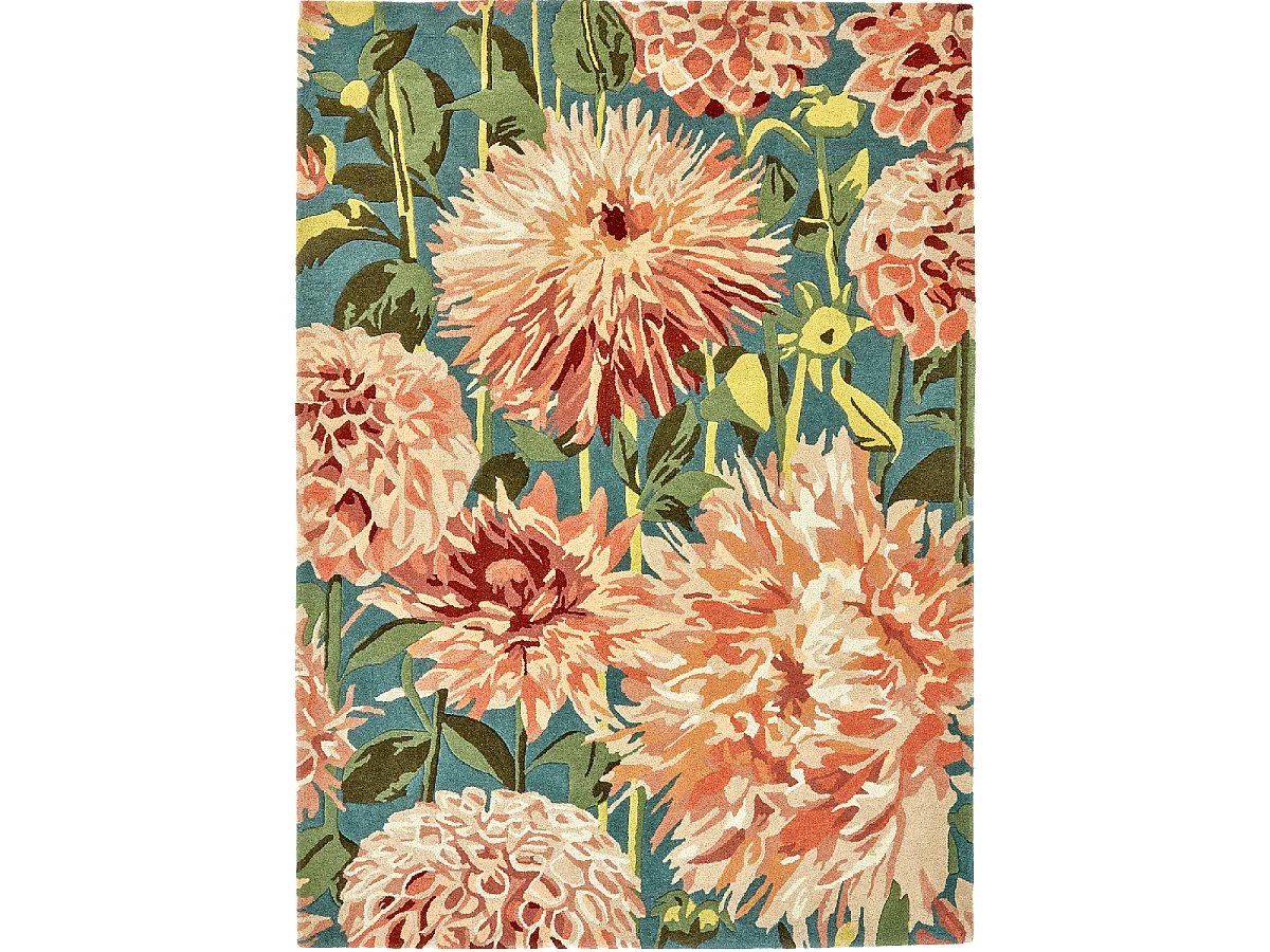 tapis salon 200x280 fait à la main en laine vert et orange motif floral