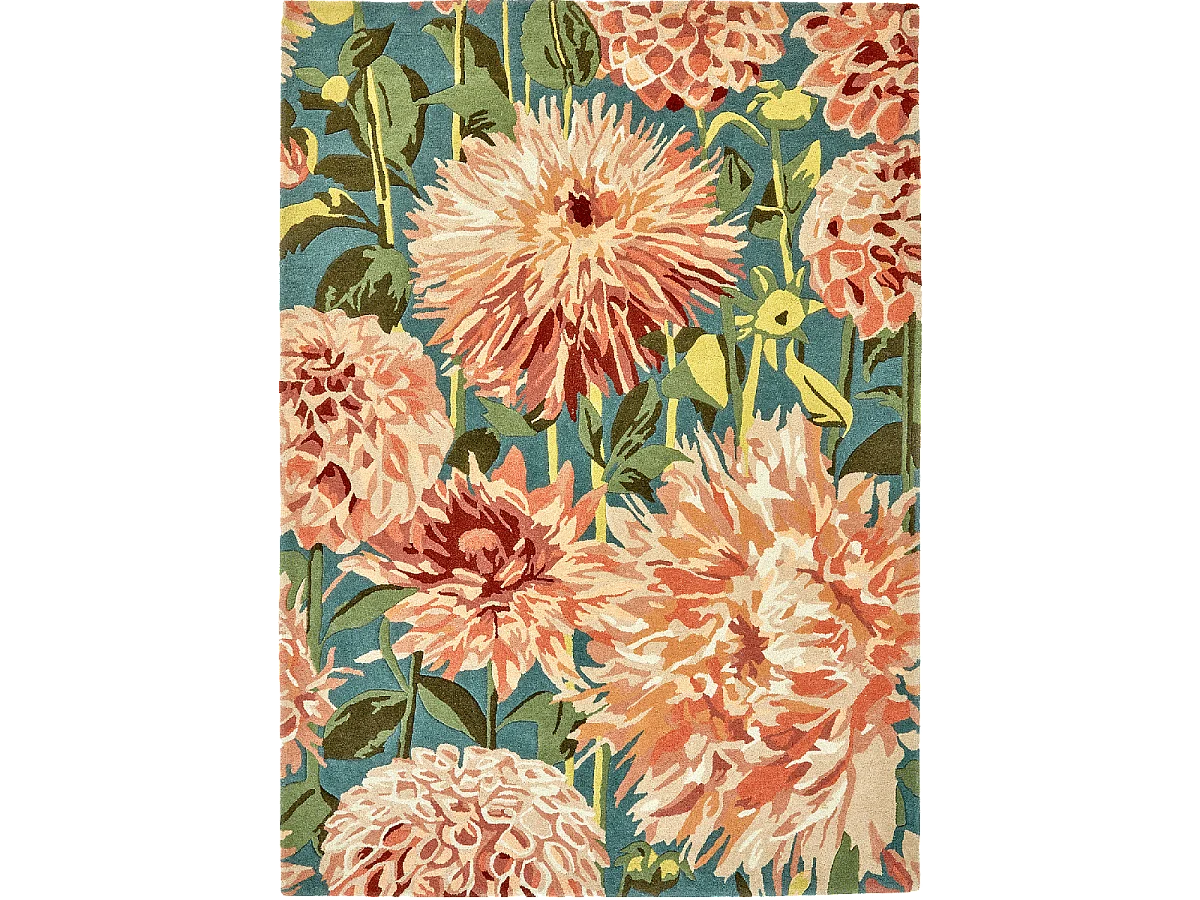 tapis salon 200x280 fait à la main en laine vert et orange motif floral