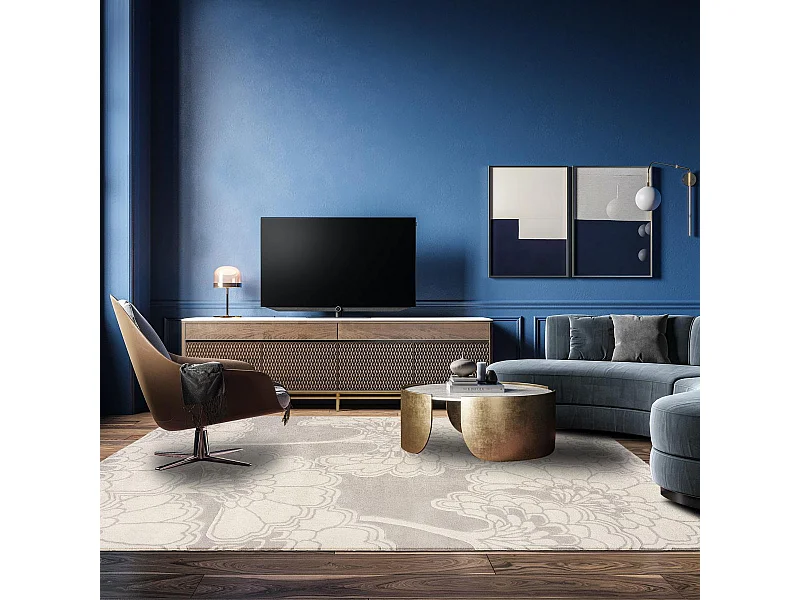 tapis salle à manger 200x280 fait à la main en laine crème motif floral