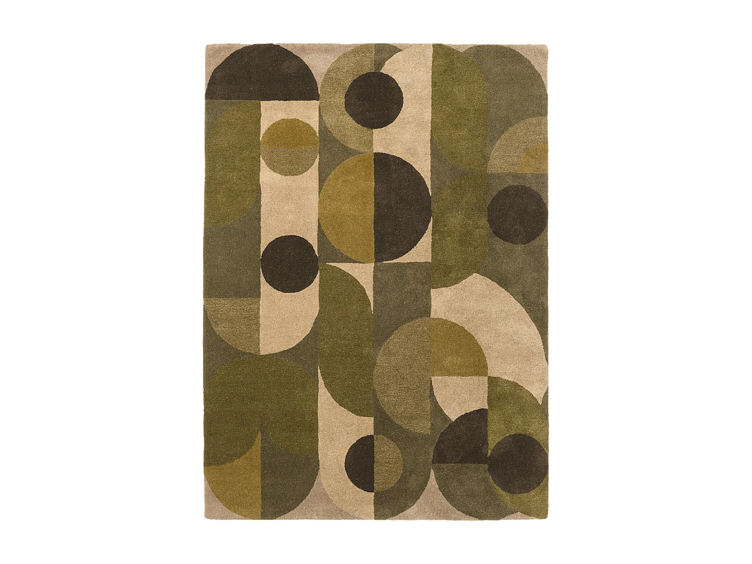 tapis open space 200x280 fait à la main en laine vert et beige motif seventies