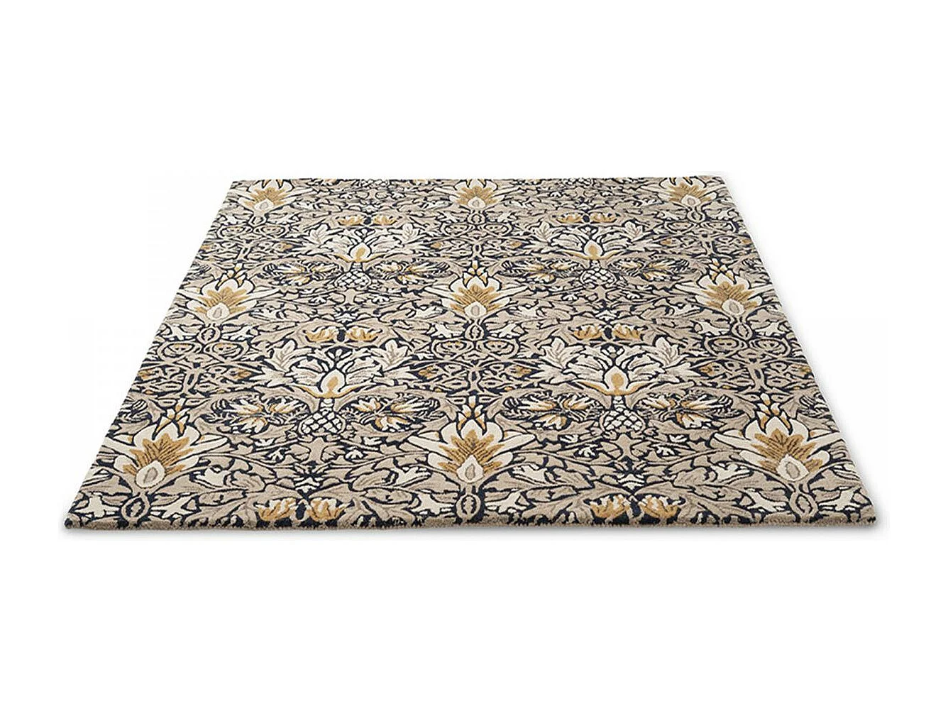 tapis entrée 140x200 fait à la main en laine indigo et beige motif floral