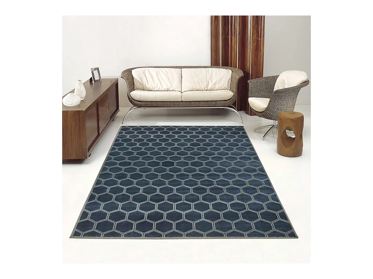 tapis de couloir 80x250 fait à la main en viscose bleu et blancmotif scandinave