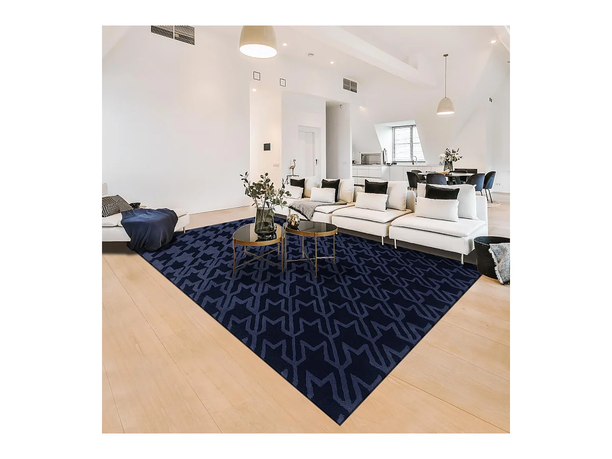 tapis chambre 200x280 fait à la main en laine bleu foncé motif géométrique
